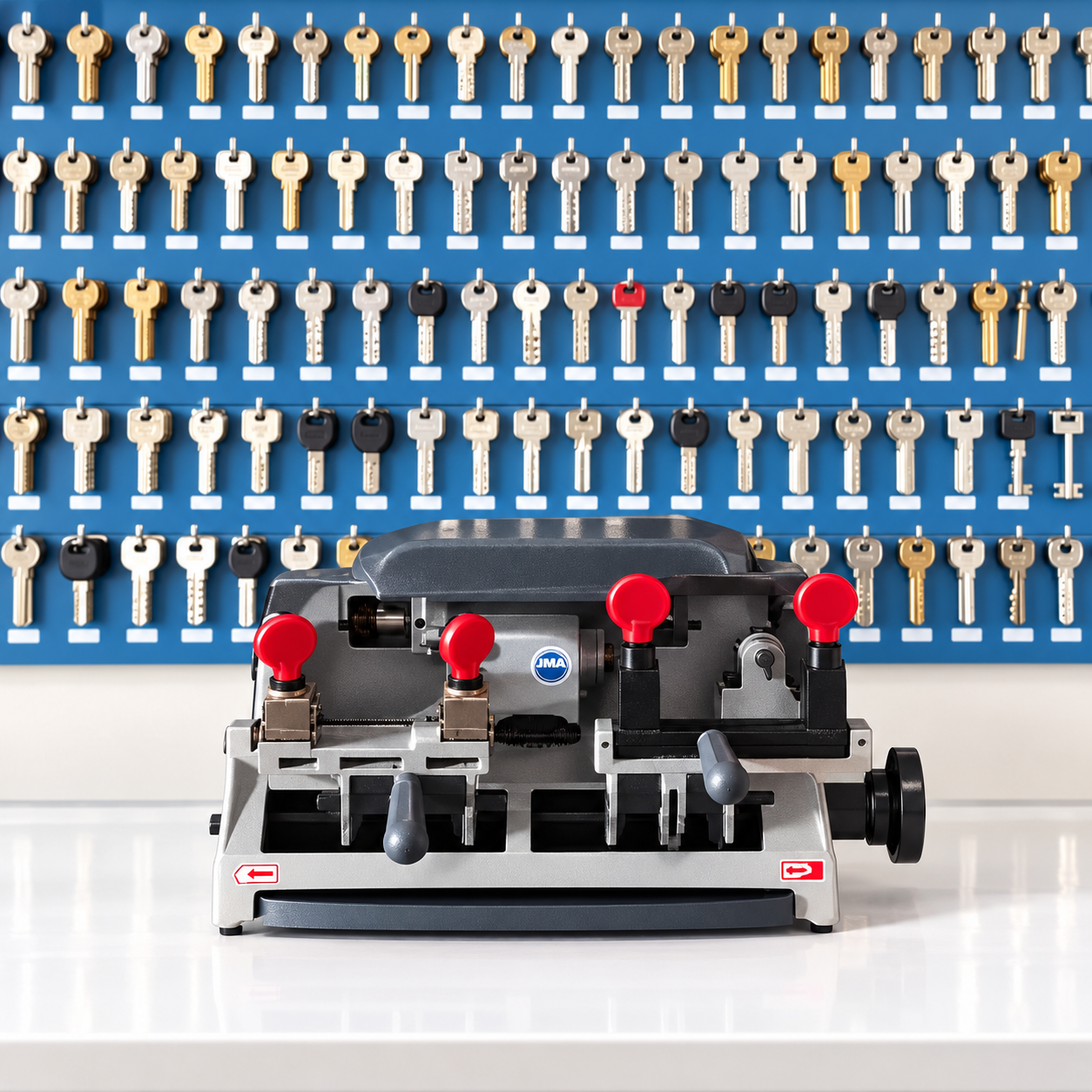 A key cutting machine duplicating a house key